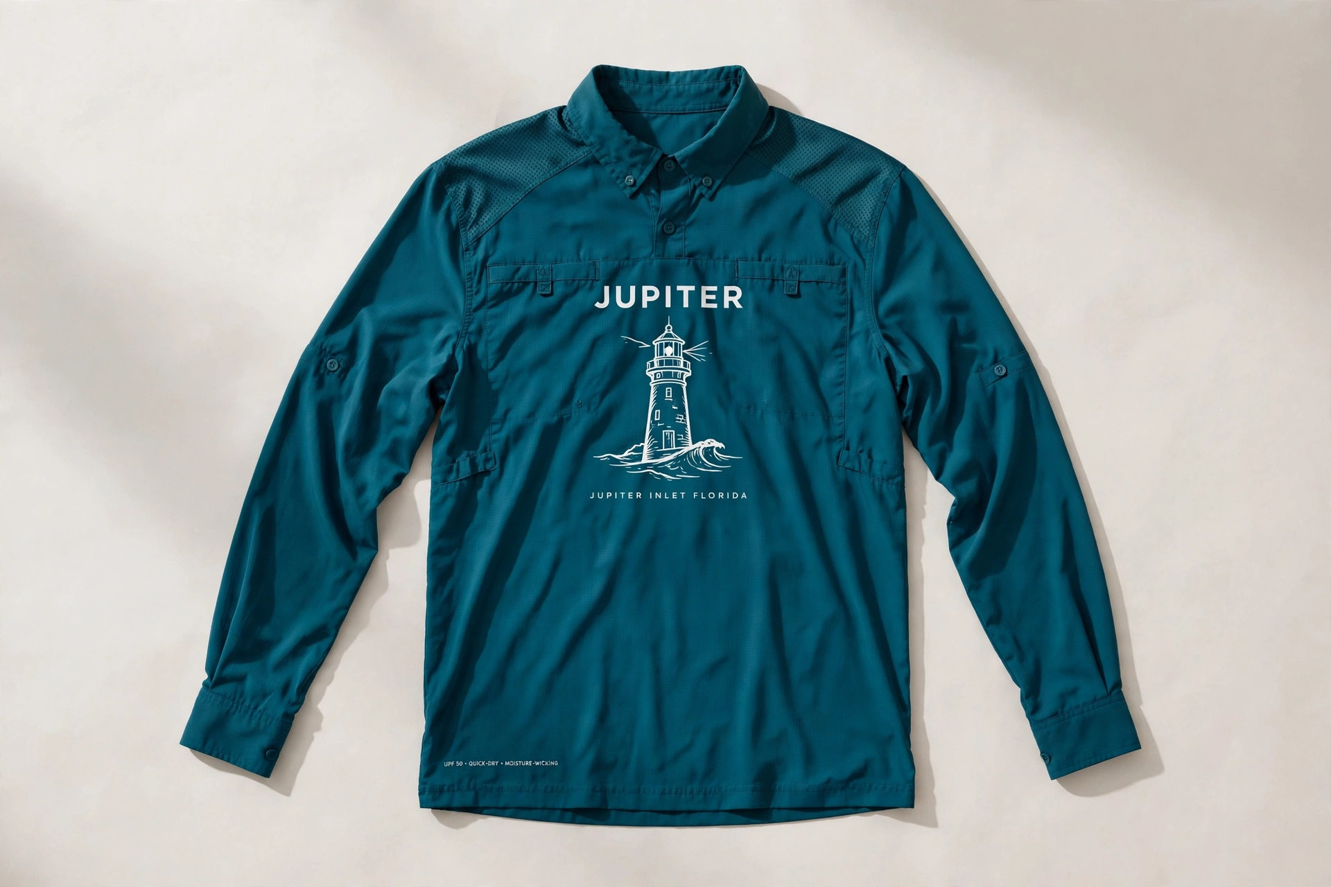 Jupiter edition SPF fishing shirt with lighthouse graphic