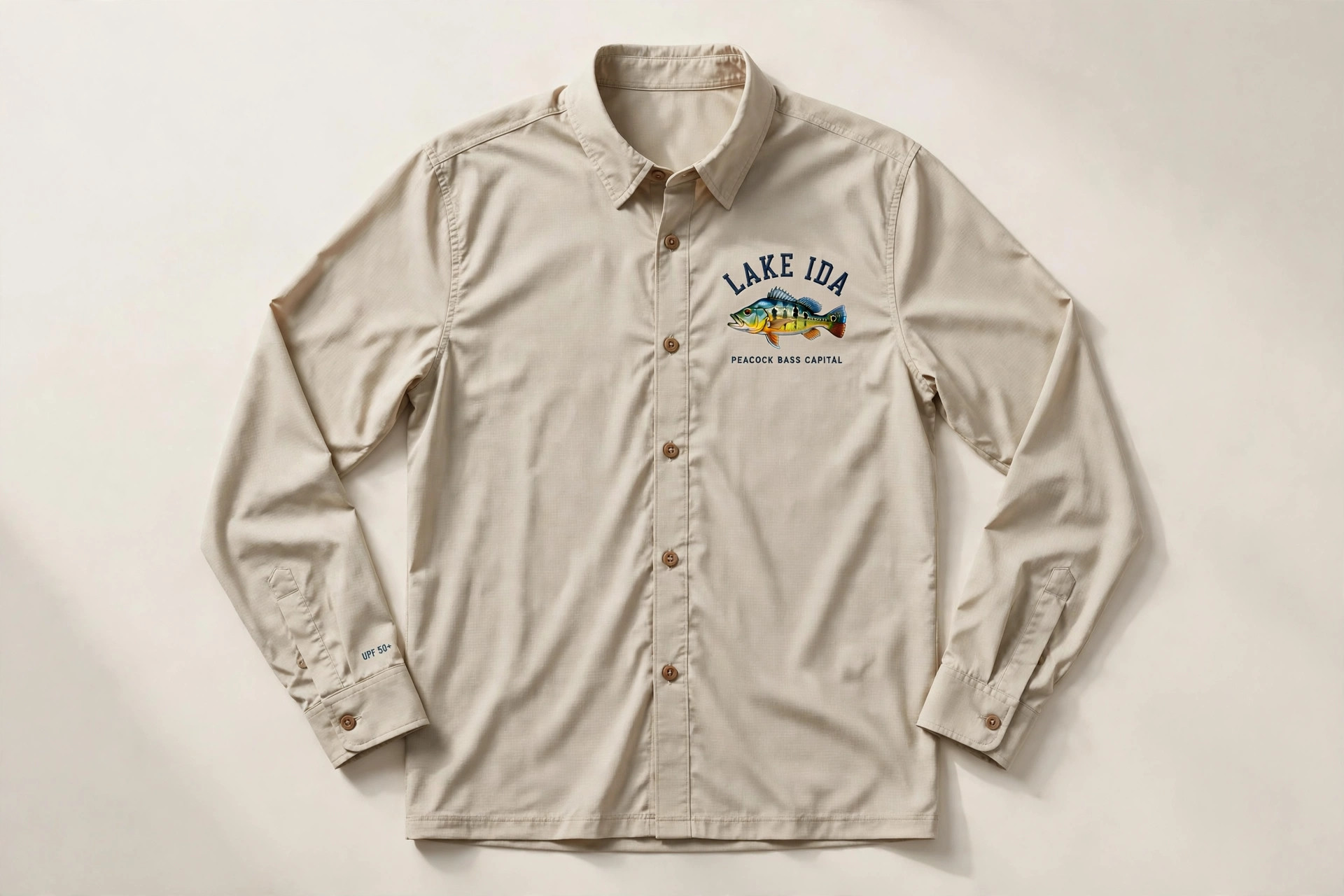 Lake Ida edition SPF fishing shirt with peacock bass graphic