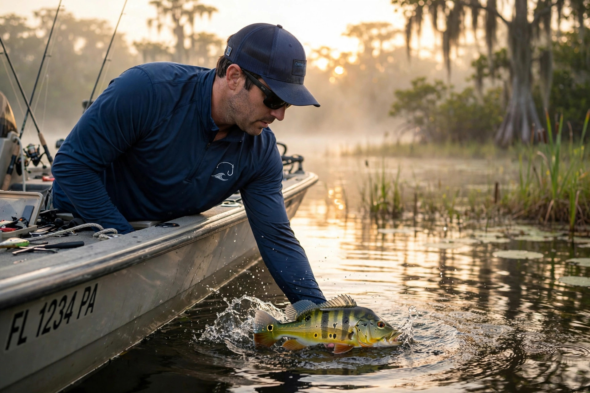 Angler wearing the Cast Culture SPF shirt releasing a peacock bass at sunrise