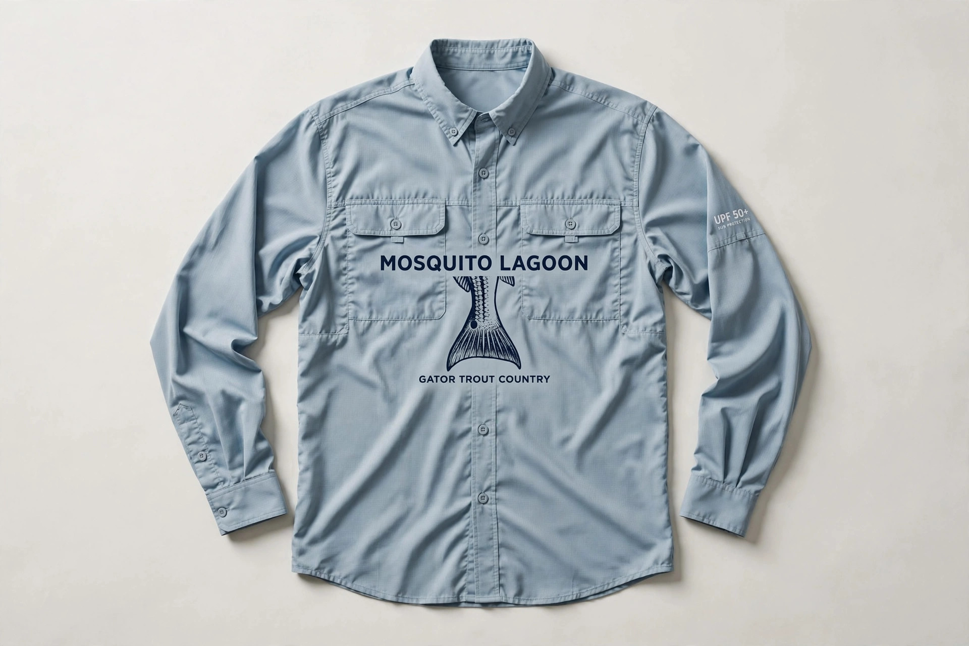 Mosquito Lagoon edition SPF fishing shirt with redfish tail graphic